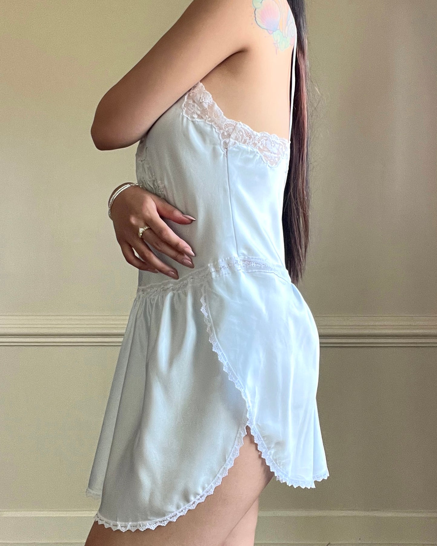 Vintage Pastel Blue Satin Dress featuring Rose Embroidery and Lace Trimmings