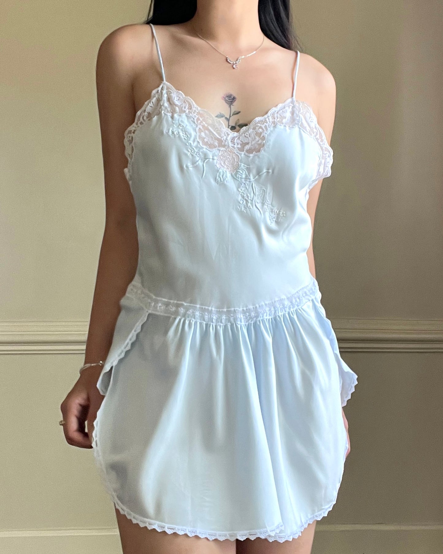 Vintage Pastel Blue Satin Dress featuring Rose Embroidery and Lace Trimmings