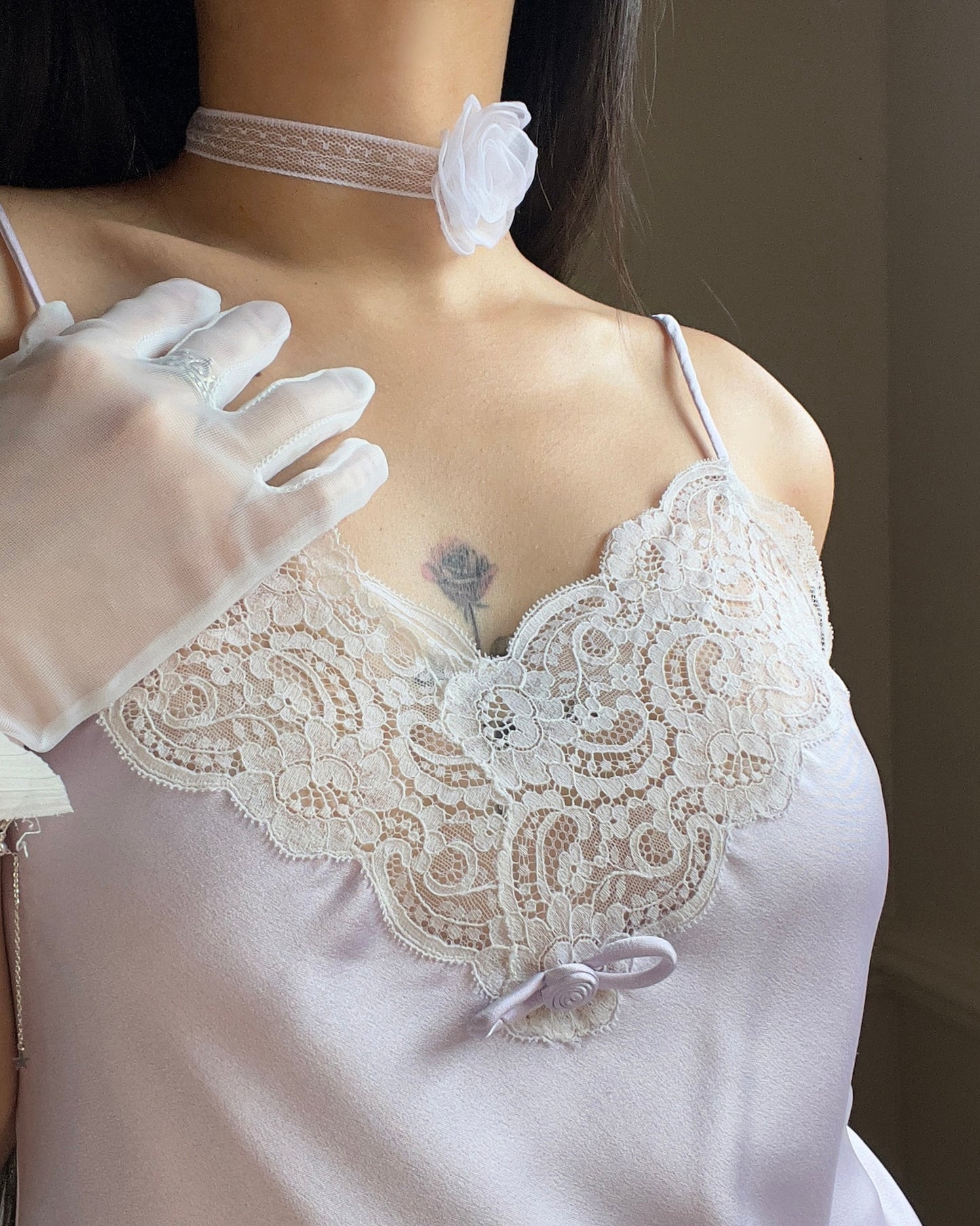 Milky Lavender Christian Dior Satin Slip featuring Paisley Laced Bustier and Lace Hemline Trimmings