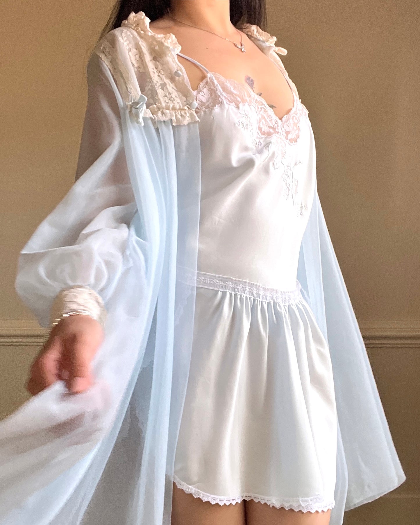 Vintage Pastel Blue Satin Dress featuring Rose Embroidery and Lace Trimmings