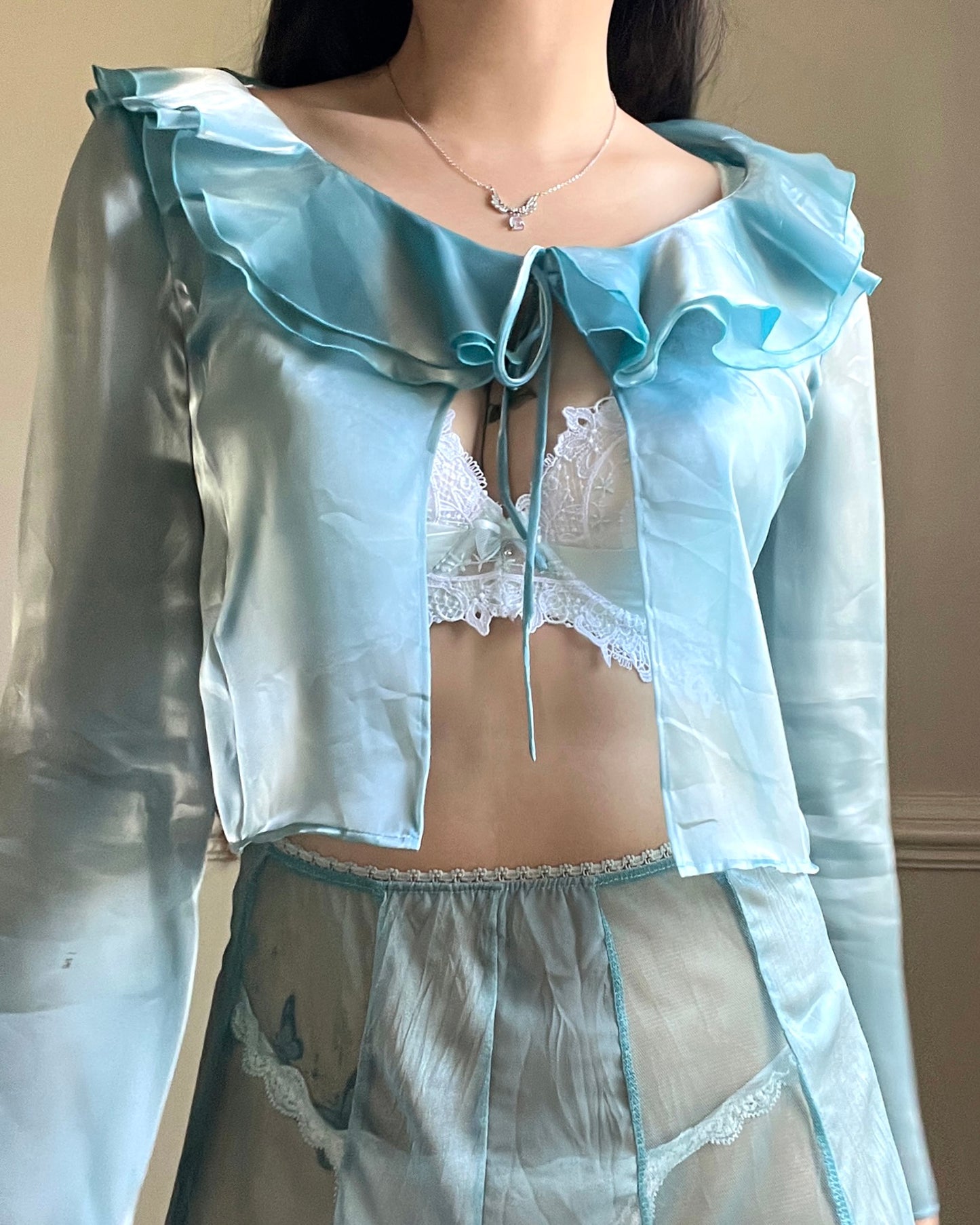 Iridescent Mermaidcore Cropped Organza in Teal Blue