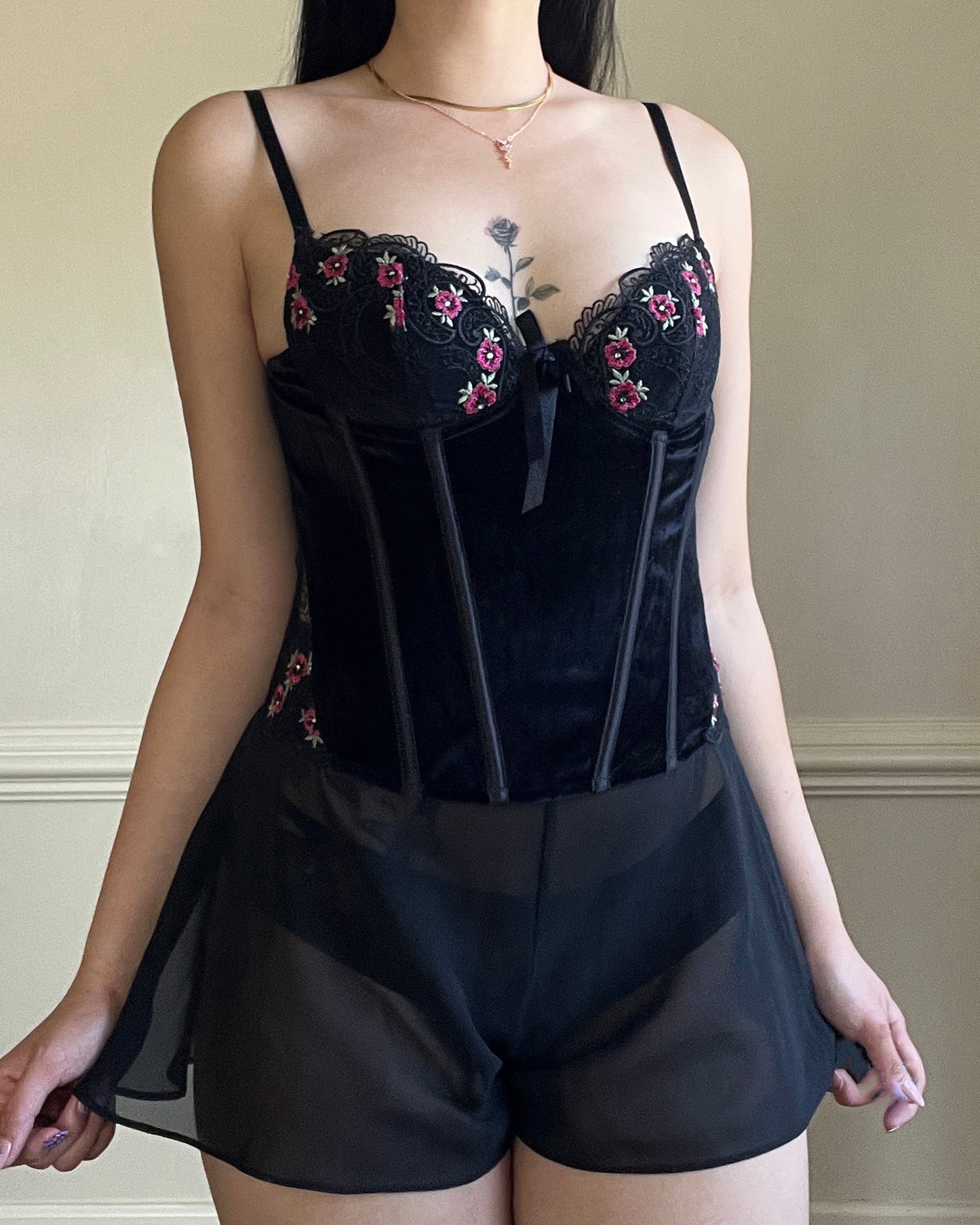 Feminine Grunge Velvet Corset featuring Embroidered Flowers Detail
