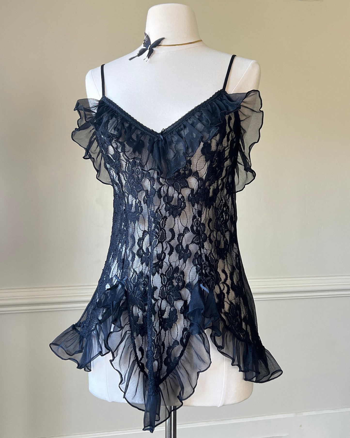 RARE Fairy Grunge Fluttering Ruffled Top featuring Delicate Floral Lace Bodice