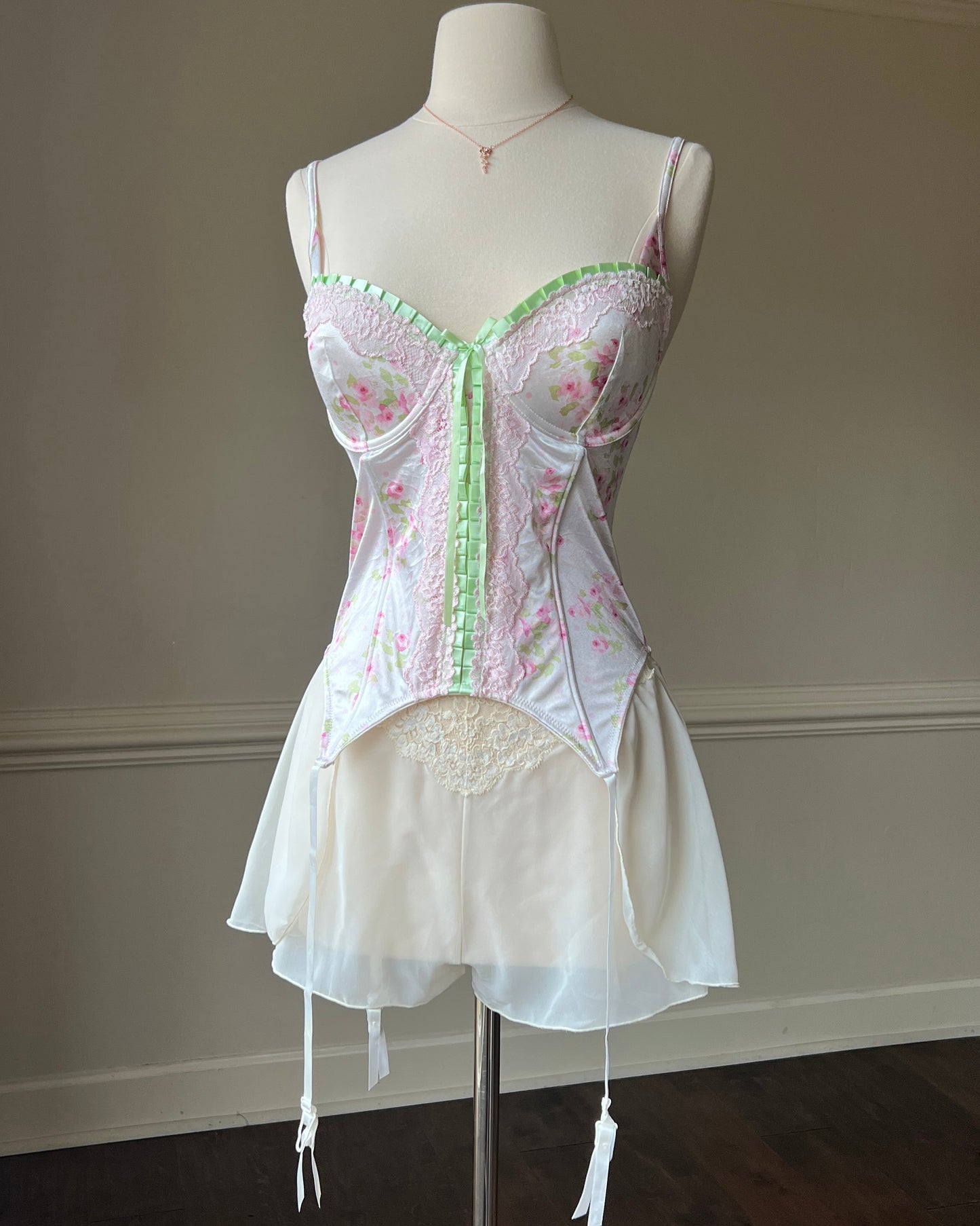Stunning White Delicate Satin Corset featuring Floral Prints