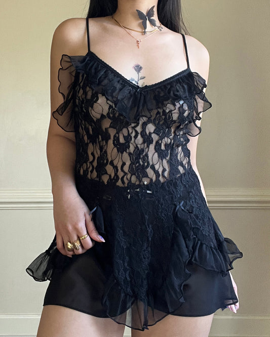 RARE Fairy Grunge Fluttering Ruffled Top featuring Delicate Floral Lace Bodice