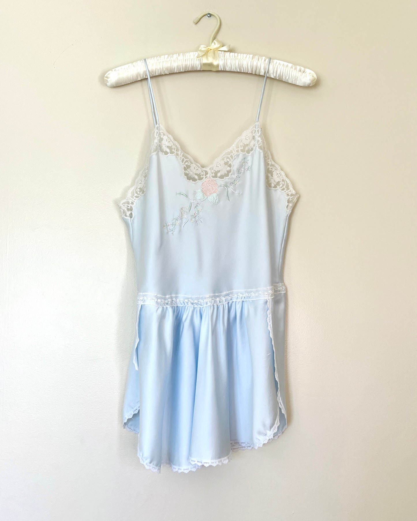 Vintage Pastel Blue Satin Dress featuring Rose Embroidery and Lace Trimmings