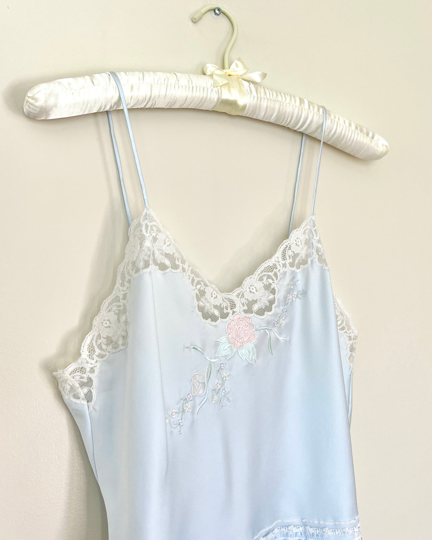 Vintage Pastel Blue Satin Dress featuring Rose Embroidery and Lace Trimmings