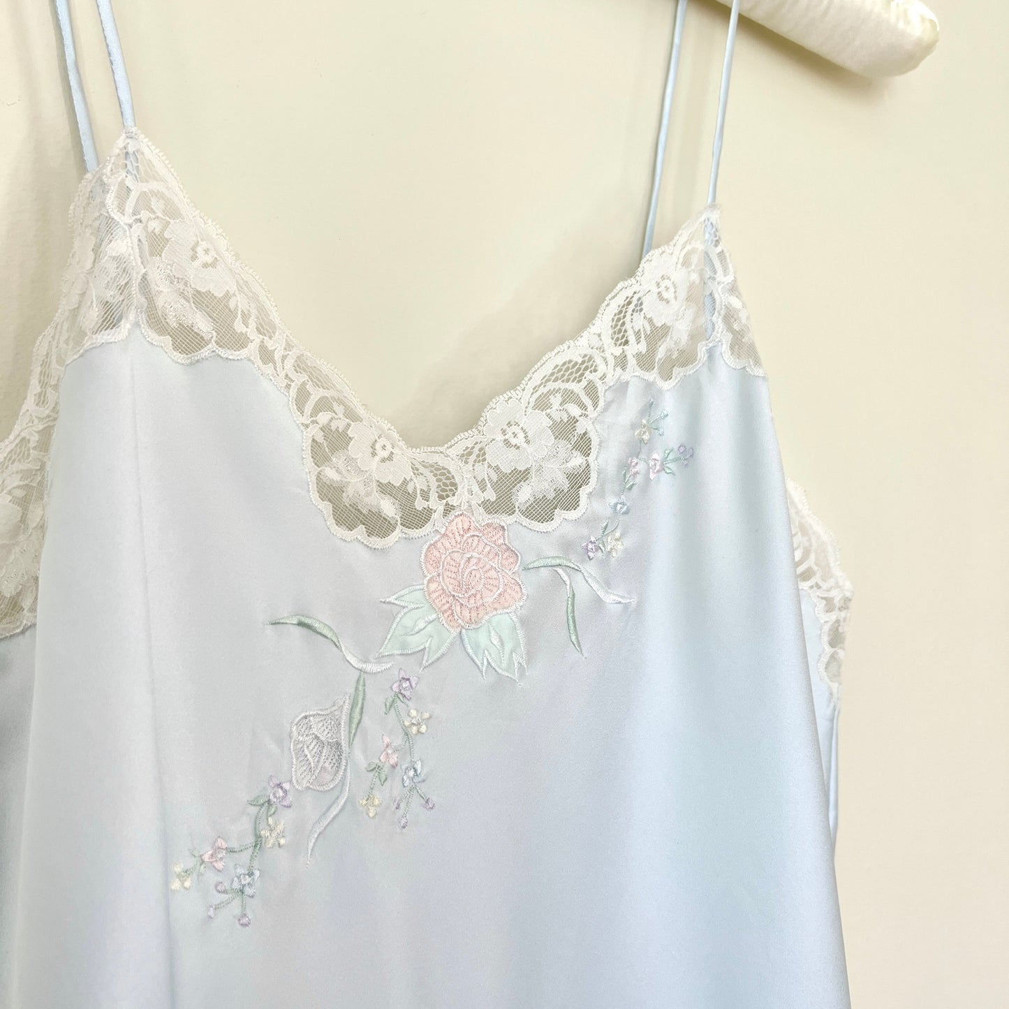 Vintage Pastel Blue Satin Dress featuring Rose Embroidery and Lace Trimmings