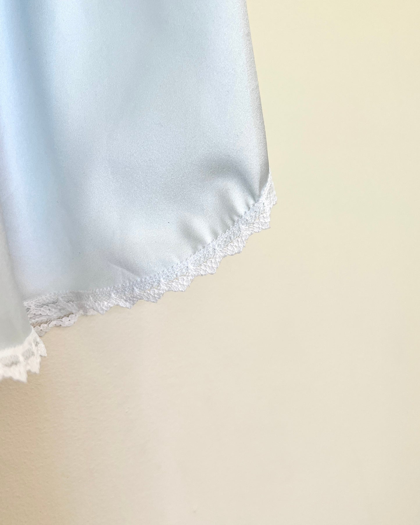 Vintage Pastel Blue Satin Dress featuring Rose Embroidery and Lace Trimmings