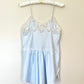 Vintage Pastel Blue Satin Dress featuring Rose Embroidery and Lace Trimmings