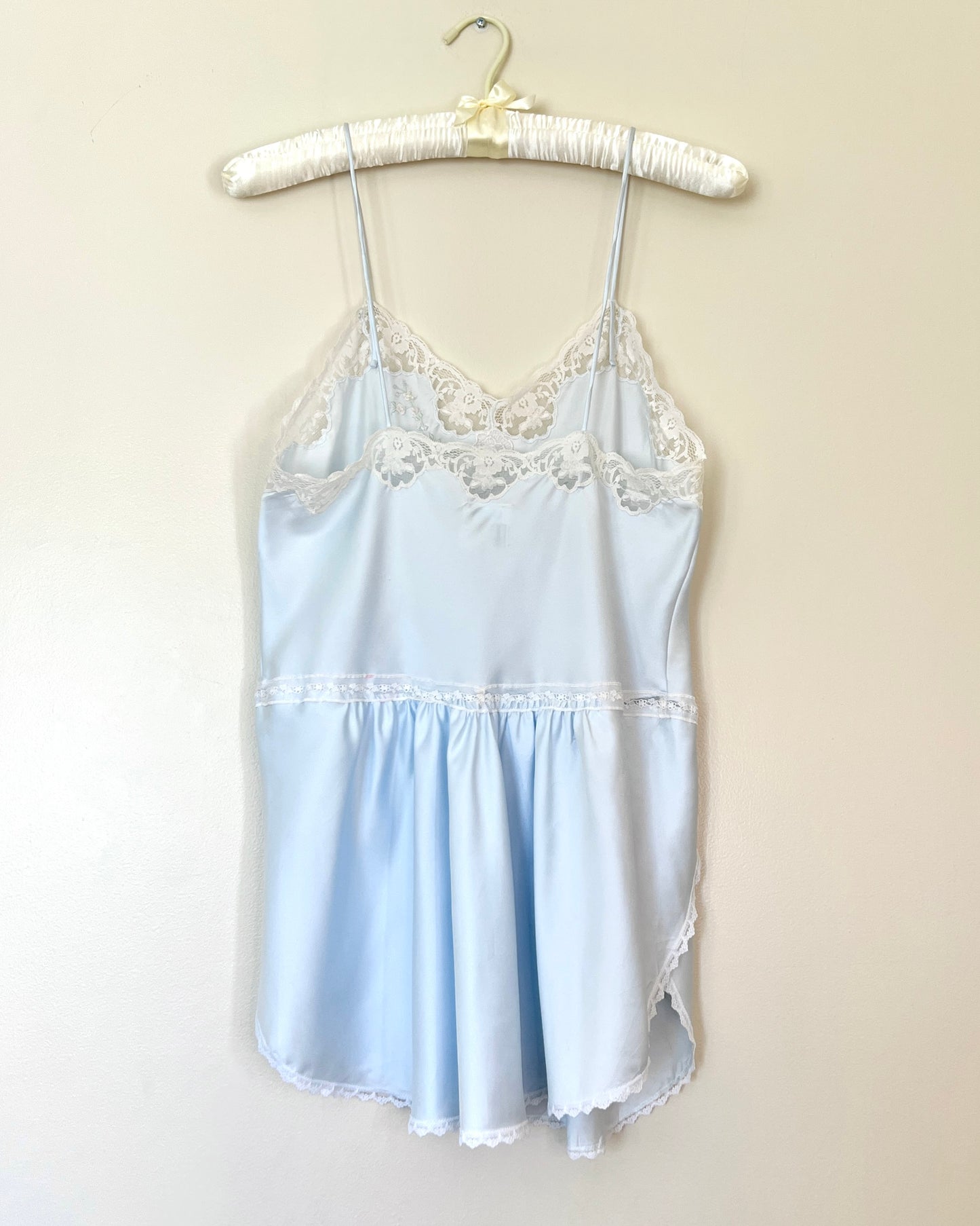 Vintage Pastel Blue Satin Dress featuring Rose Embroidery and Lace Trimmings