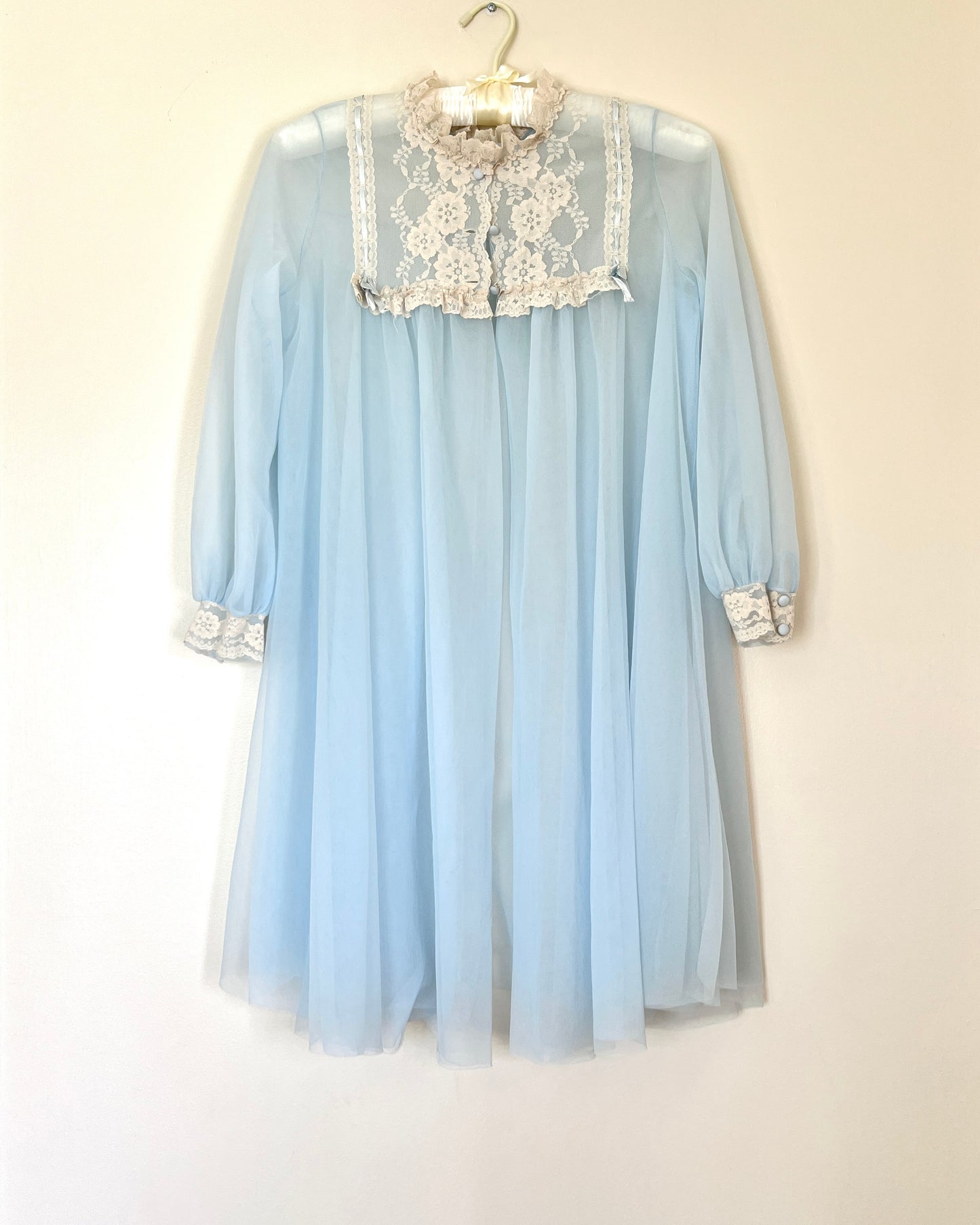 Vintage 80’s Baby Blue Chiffon Robe featuring Sheer Cream Floral Embroidery