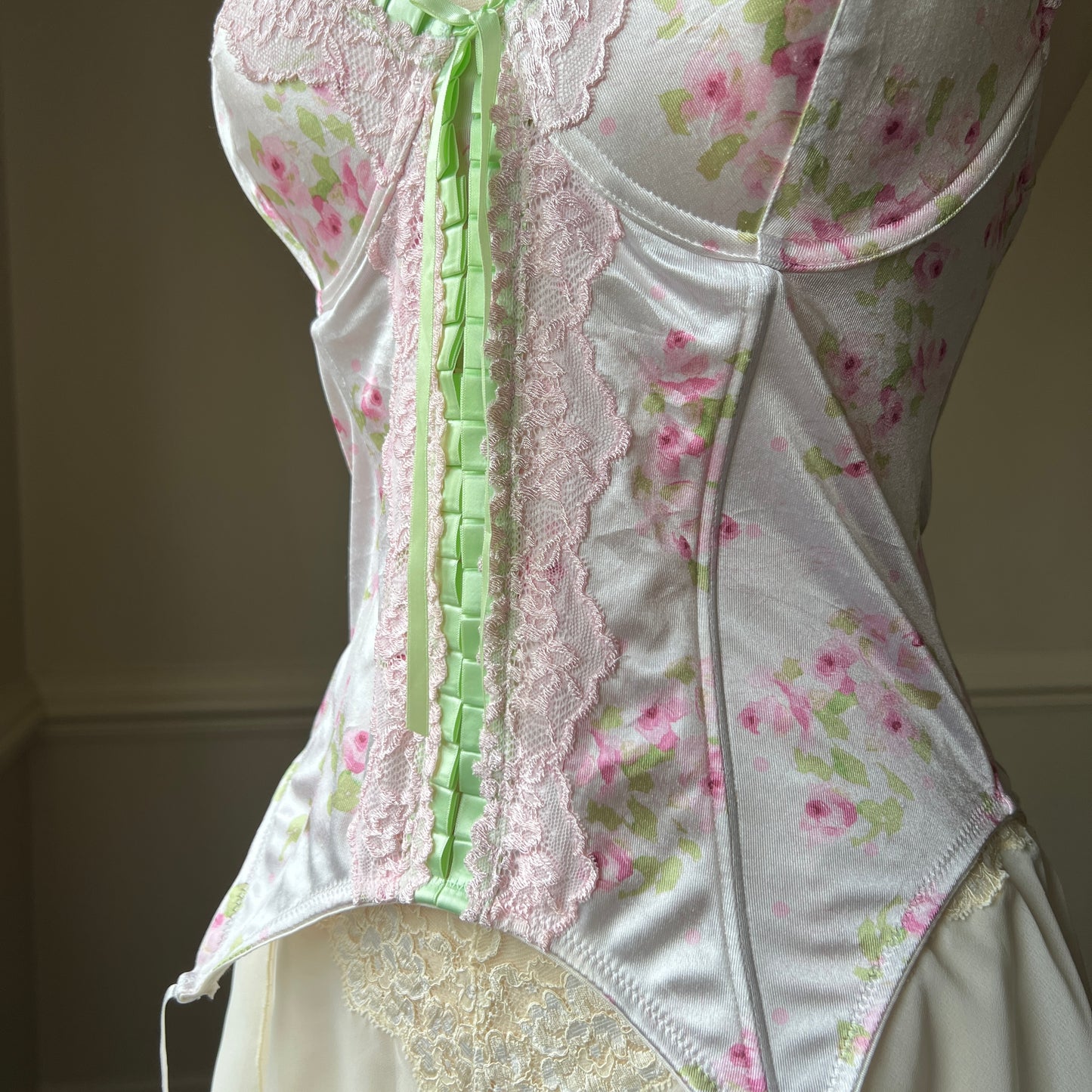 Stunning White Delicate Satin Corset featuring Floral Prints