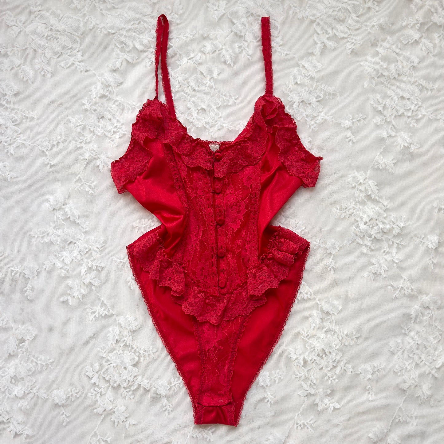 Romantic Red Bodysuit featuring Ruffled Lace Trimmings