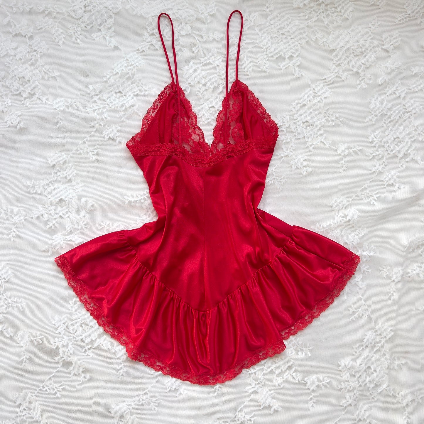 True Red Camisole featuring Delicate Rose Lace at Bodice