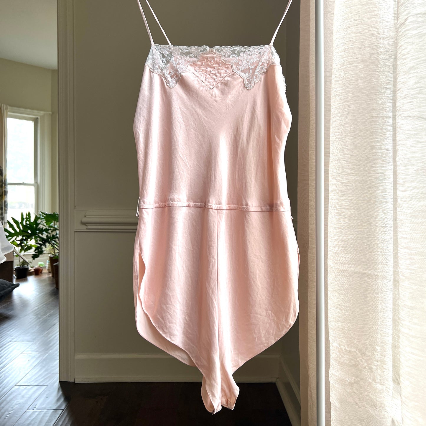 Vintage 1920’s Style Blushed Teddy Romper featuring Delicate Floral Lace Details