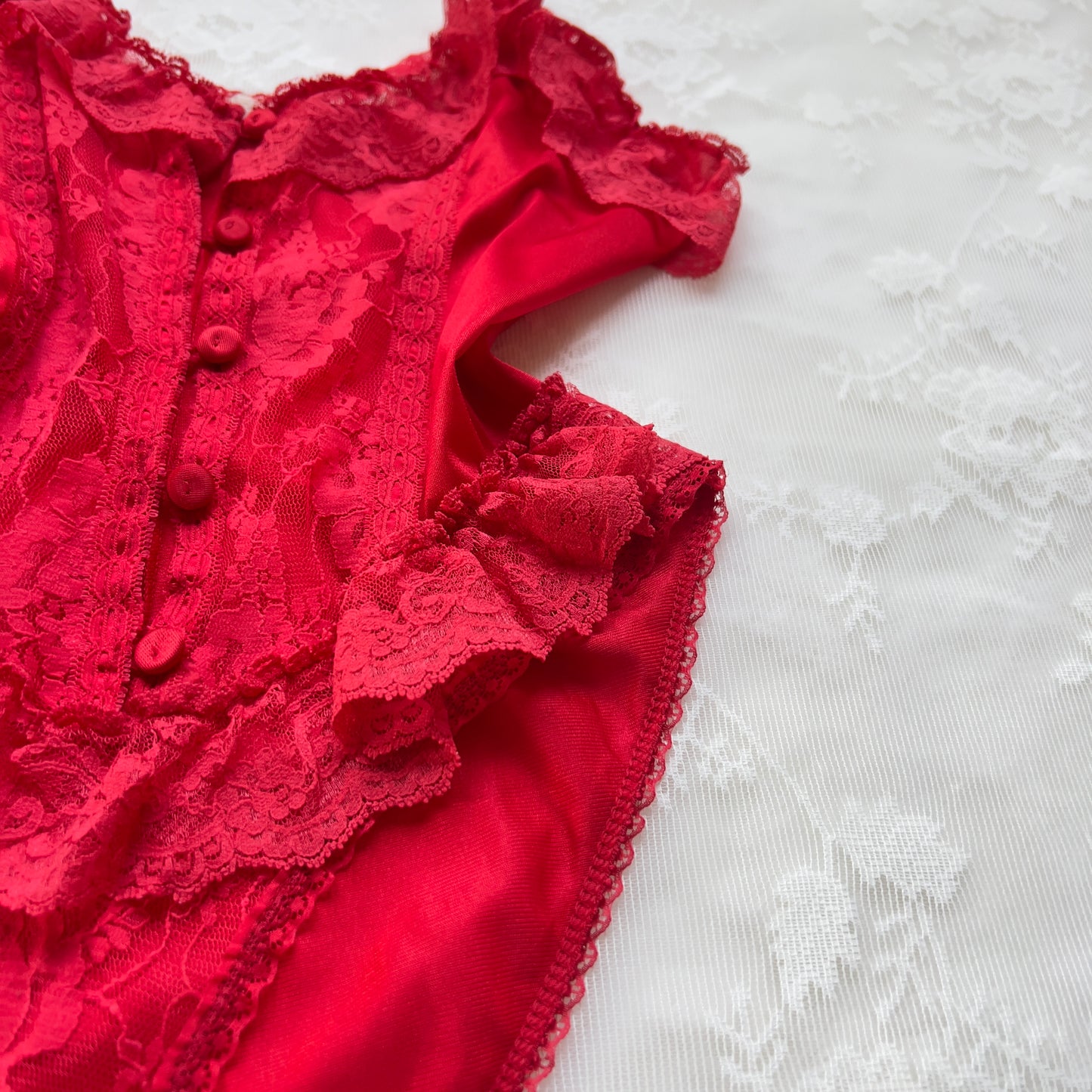 Romantic Red Bodysuit featuring Ruffled Lace Trimmings