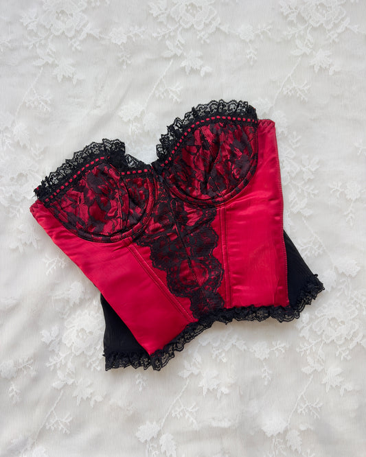 Frederick’s Strapless Cropped Satin Bustier Corset featuring Lace Embroidery