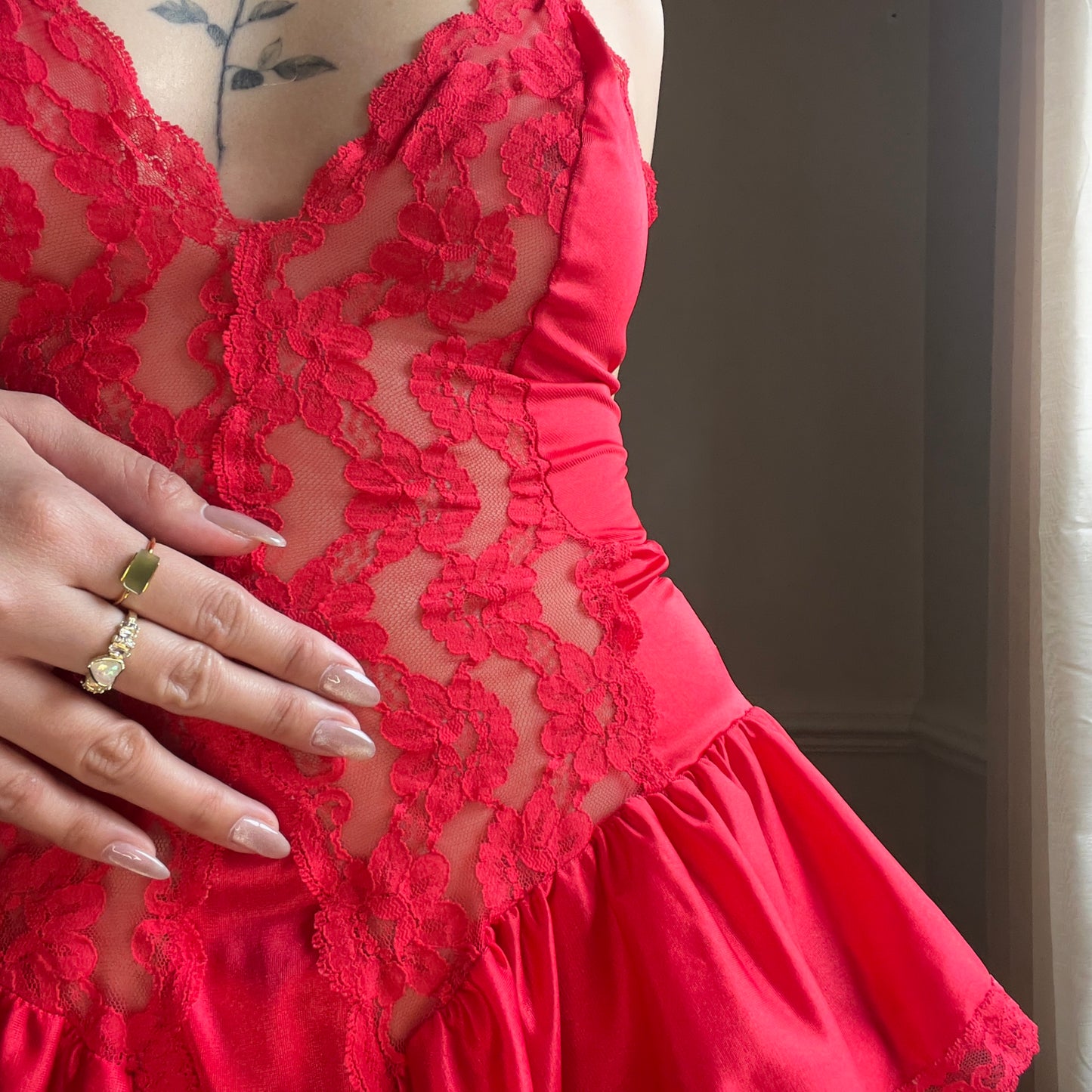 True Red Camisole featuring Delicate Rose Lace at Bodice