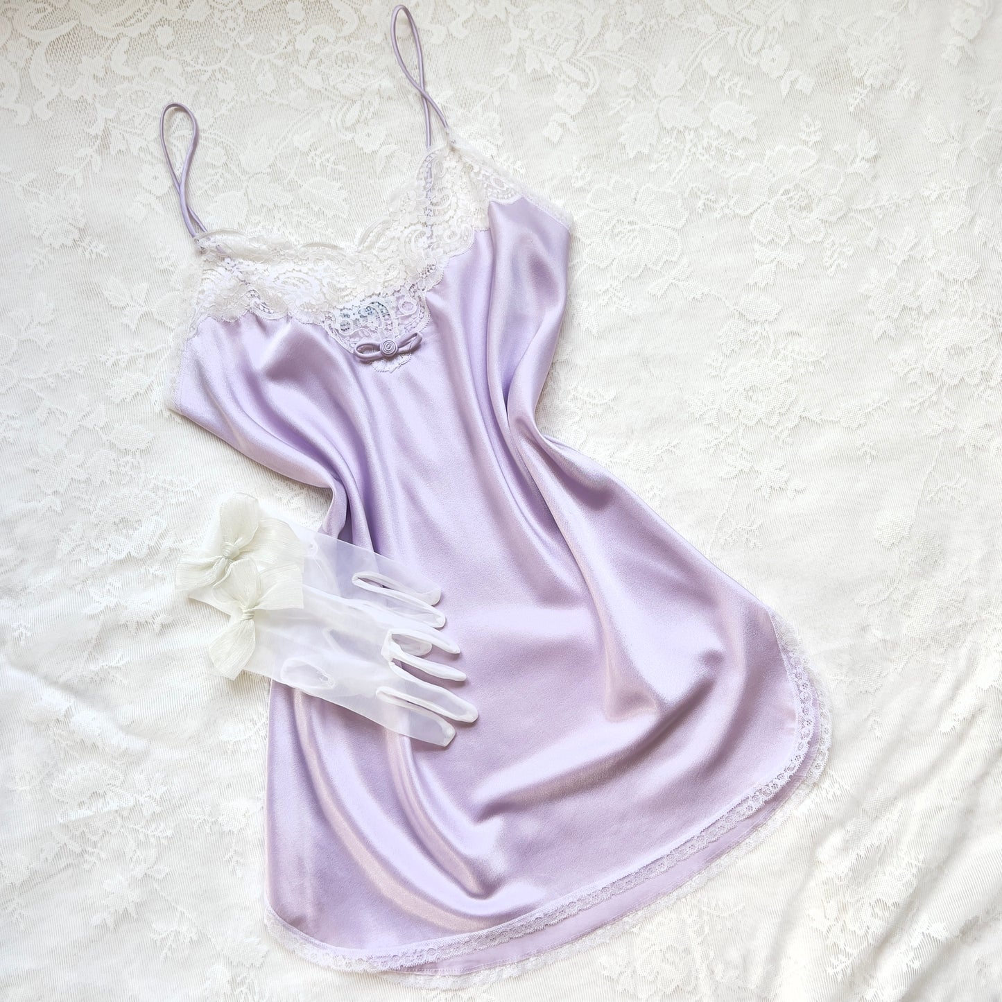 Milky Lavender Christian Dior Satin Slip featuring Paisley Laced Bustier and Lace Hemline Trimmings